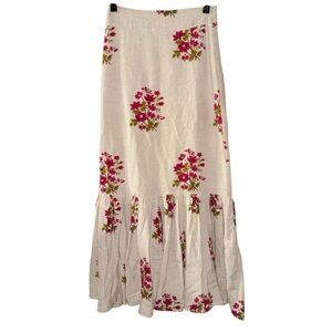 Anthropologie Eddy Beaded Floral Tiered Linen Maxi Skirt Pink Flower Print Sz 0